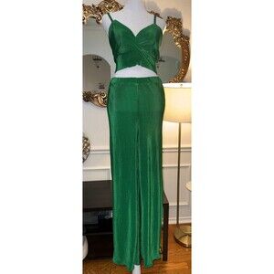 Emerald Green Pleated Wide Leg Pants set Crop Top Tie Back Shiny Satin NEW Small